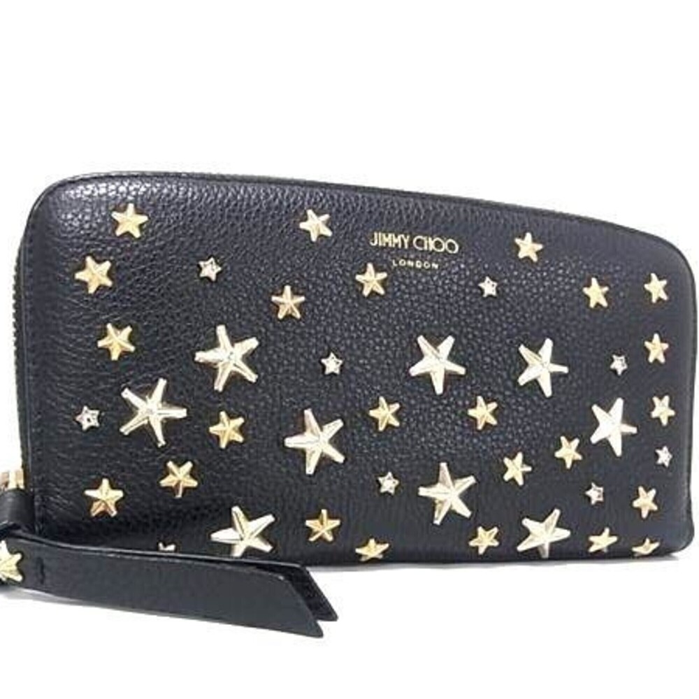 JIMMY CHOO Philippa Long Wallet, Black Leather, Women's, Round